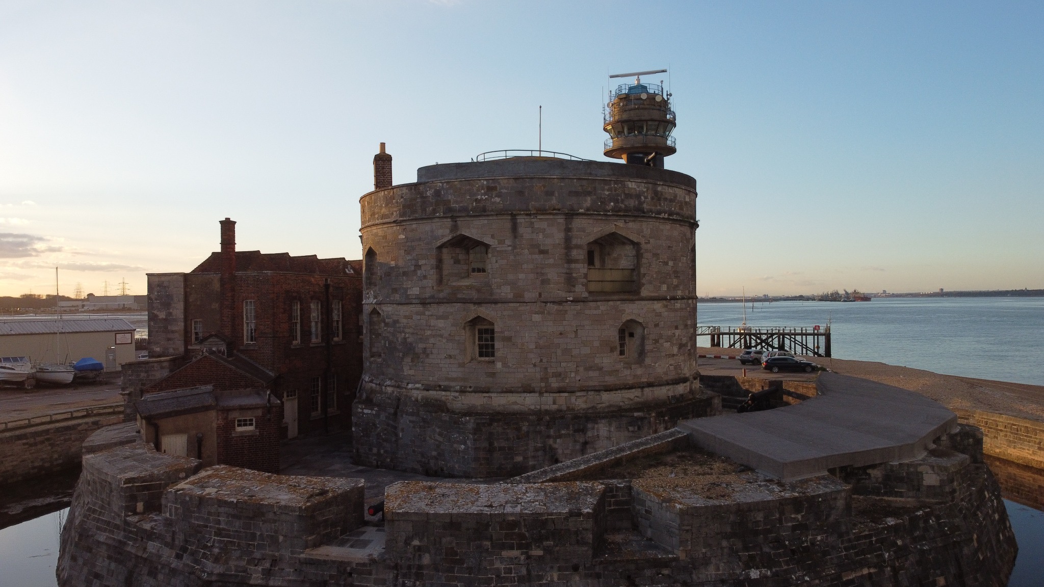 Aerial close view of a historic coastal fort
